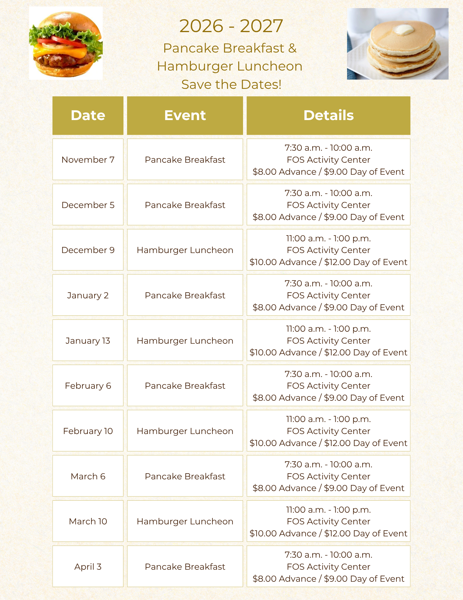 26-27 Pancake Breakfast & Hamburger Luncheon Dates