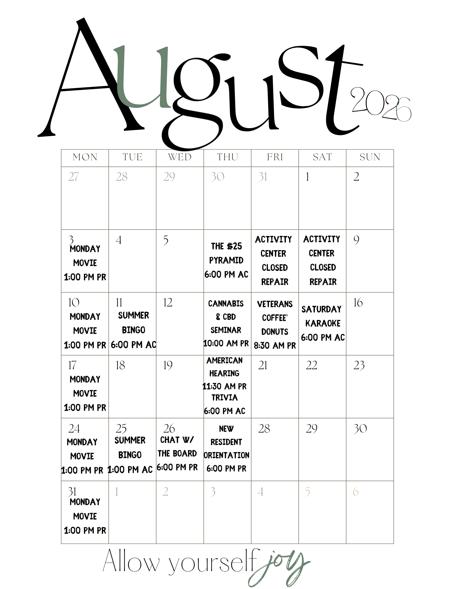 August 2026 MOnthly