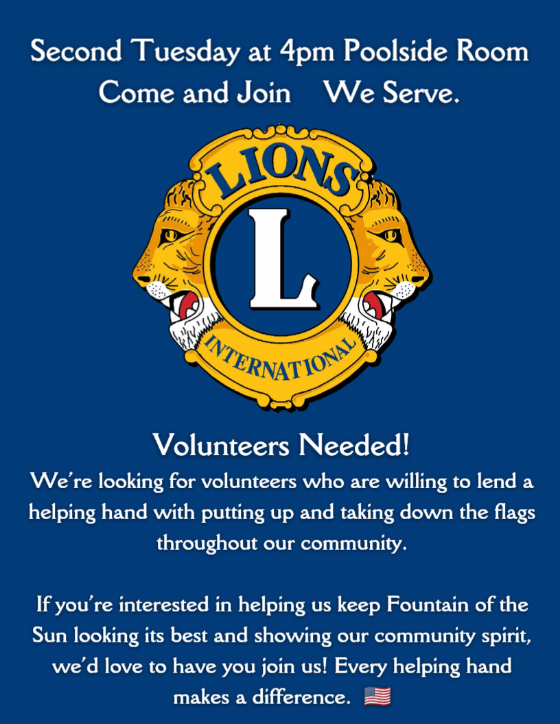 FOS Lions group looking for new members. Do you like FUN, FELLOWSHIP and SERVING others_ Then join us. Poolside room September 10th 4_00 p.m for our Meeting...